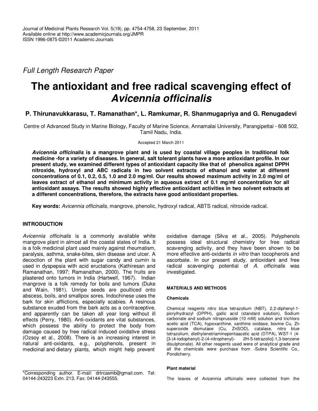 The Antioxidant and Free Radical Scavenging Effect of Avicennia Officinalis