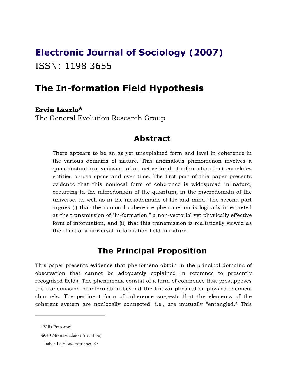 The In-Formation Field Hypothesis