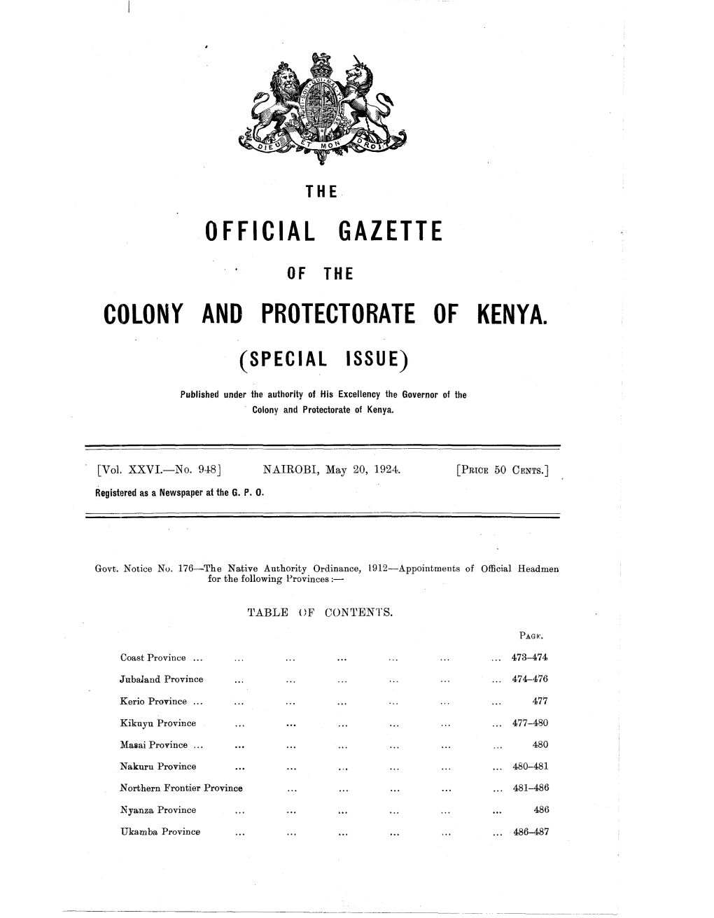 Official Gazette Colony and Protectorate of Kenya