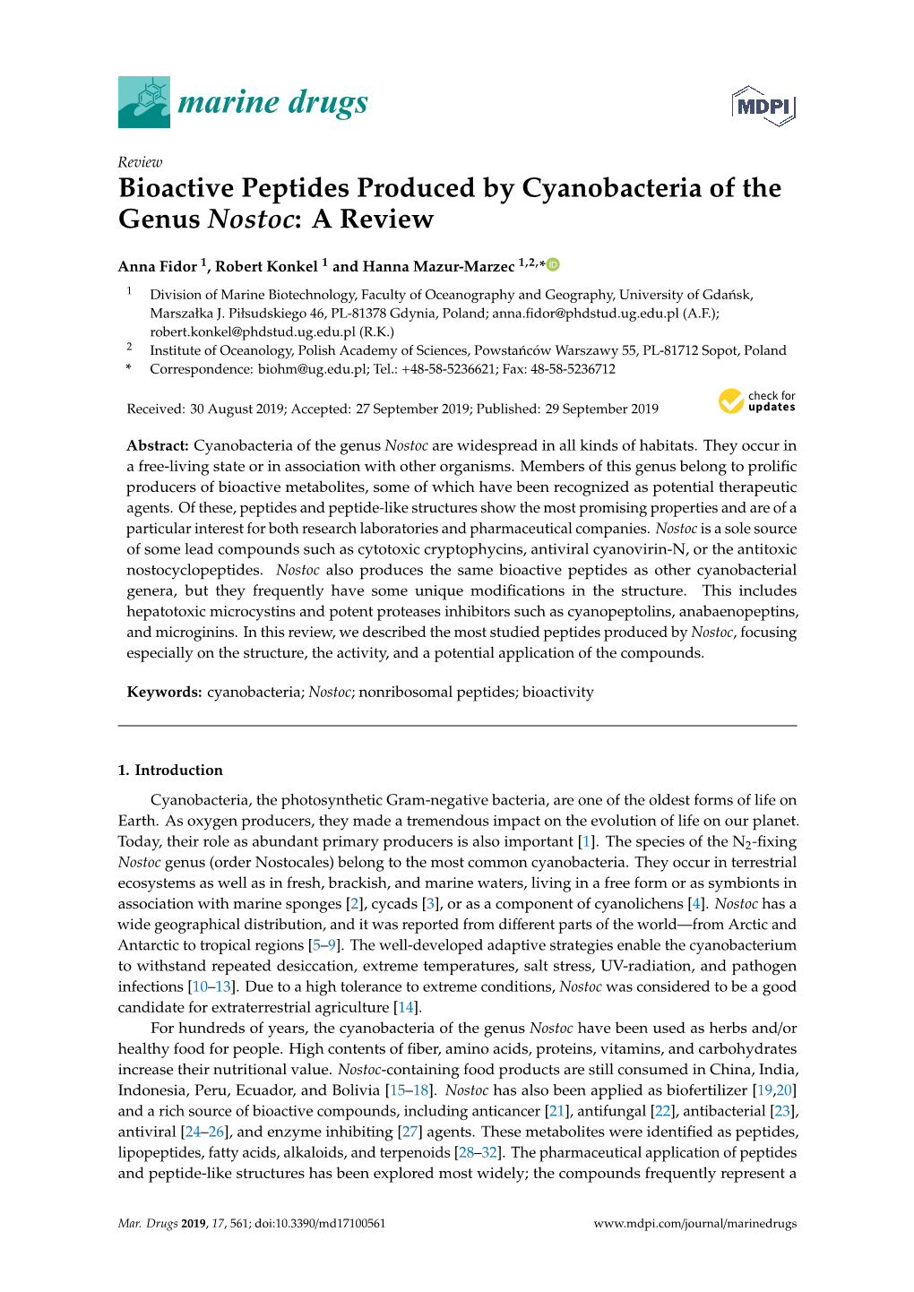 Bioactive Peptides Produced by Cyanobacteria of the Genus Nostoc: a Review