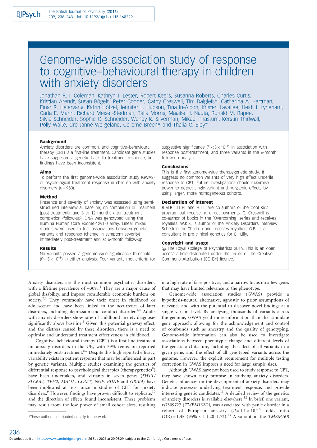 Genome-Wide Association Study of Response to Cognitive–Behavioural Therapy in Children with Anxiety Disorders Jonathan R