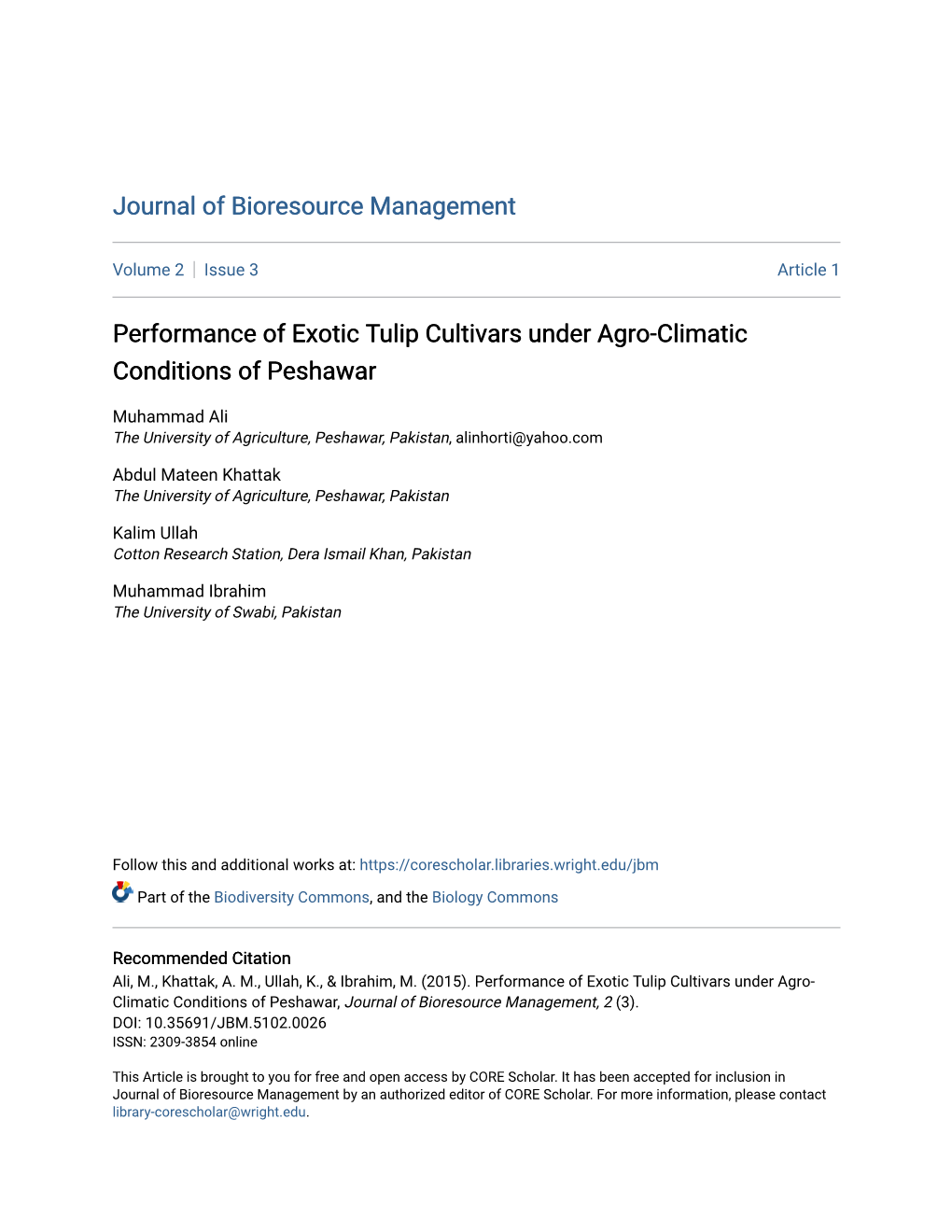 Performance of Exotic Tulip Cultivars Under Agro-Climatic Conditions of Peshawar