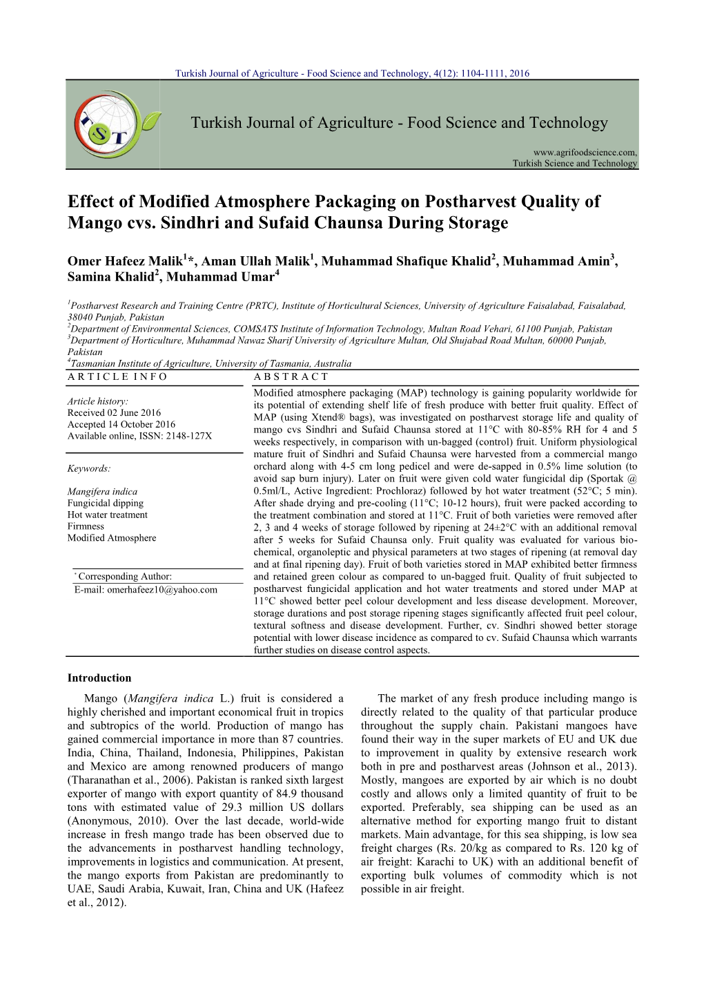 Effect of Modified Atmosphere Packaging on Postharvest Quality of Mango Cvs. Sindhri and Sufaid Chaunsa During Storage