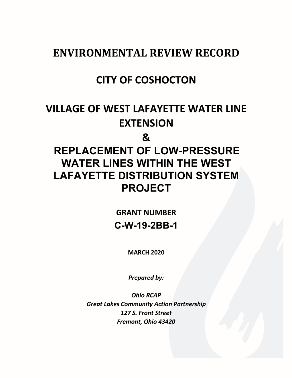 ENVIRONMENTAL REVIEW RECORD City of Coshocton GRANT # C-W-19-2BB-1