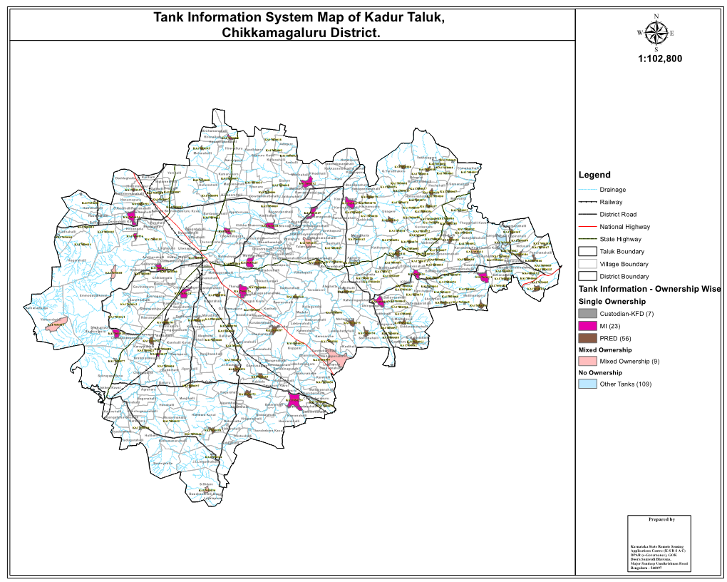 Tank Information System Map of Kadur Taluk, Chikkamagaluru District. Μ 1:102,800