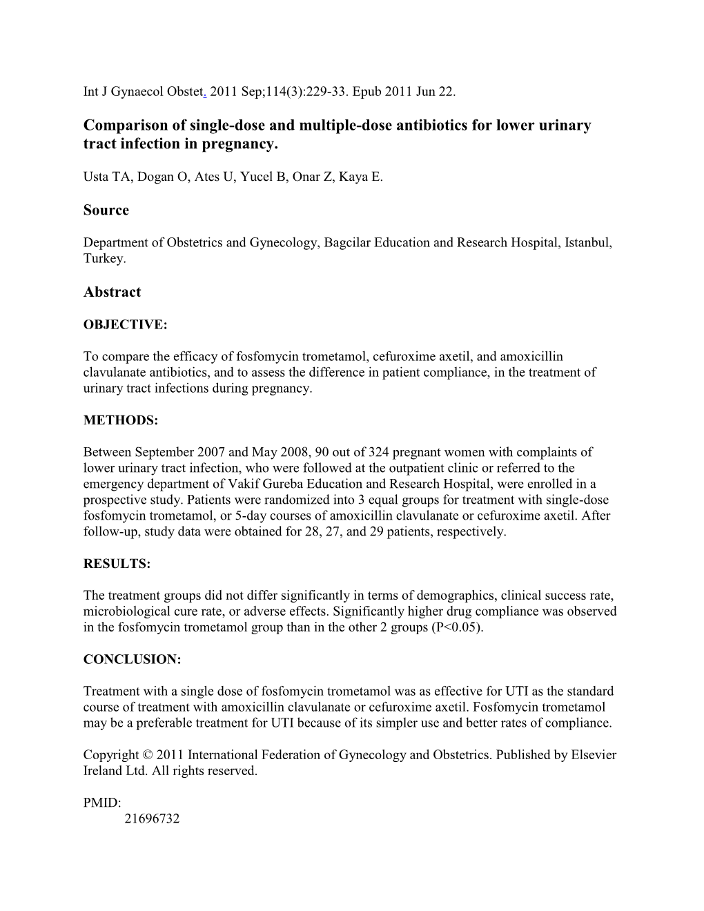 Comparison of Single-Dose and Multiple-Dose Antibiotics for Lower Urinary Tract Infection in Pregnancy