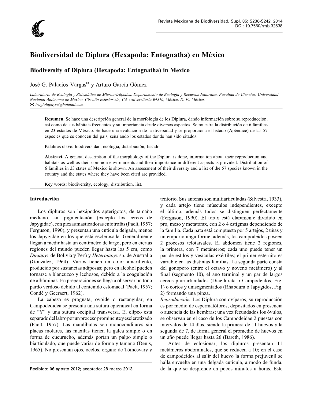 Biodiversidad De Diplura (Hexapoda: Entognatha) En México