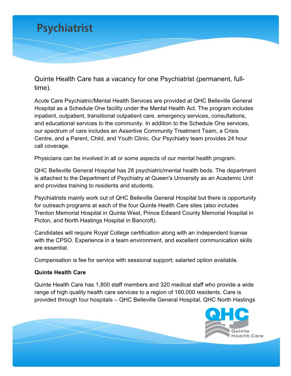 Quinte Health Care Has a Vacancy for One Psychiatrist (Permanent, Full- Time)