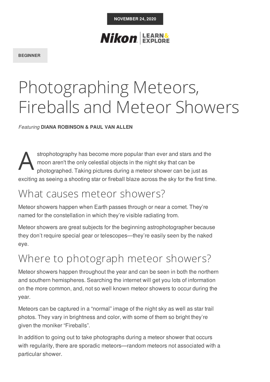 Photographing Meteors, Fireballs and Meteor Showers