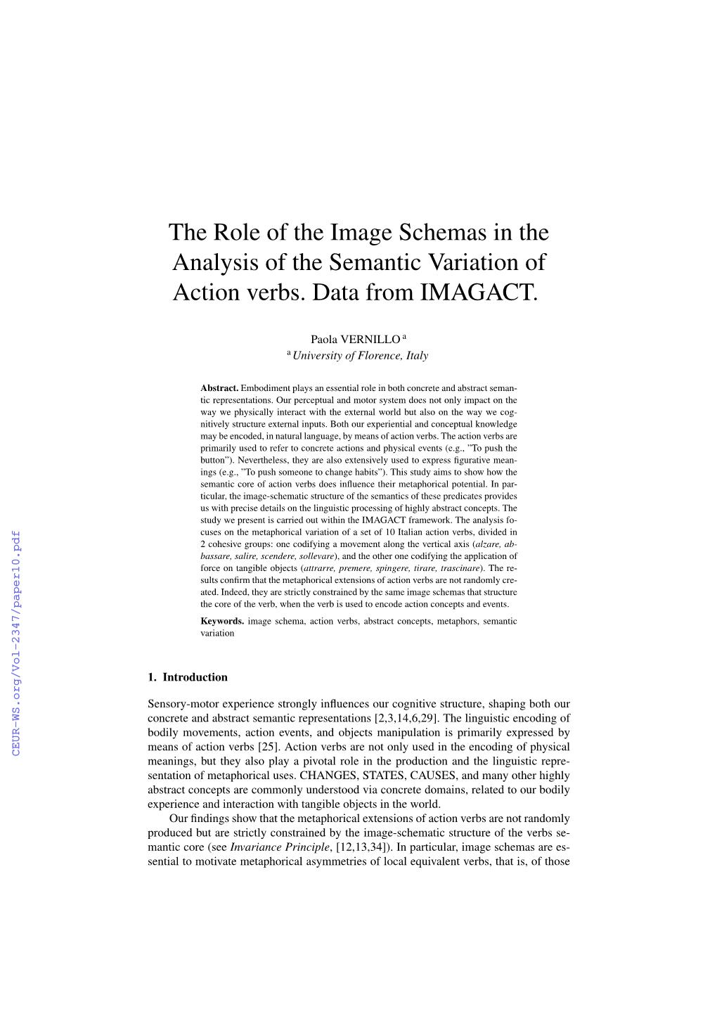 The Role of the Image Schemas in the Analysis of the Semantic Variation of Action Verbs. Data from IMAGACT