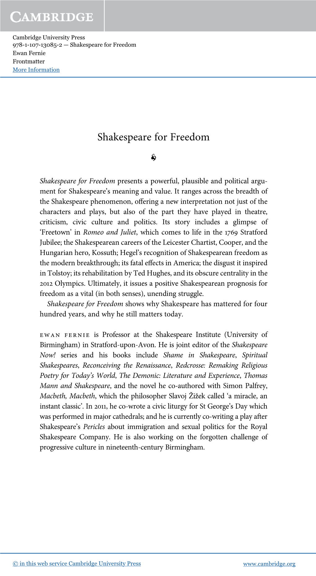 Shakespeare for Freedom Ewan Fernie Frontmatter More Information