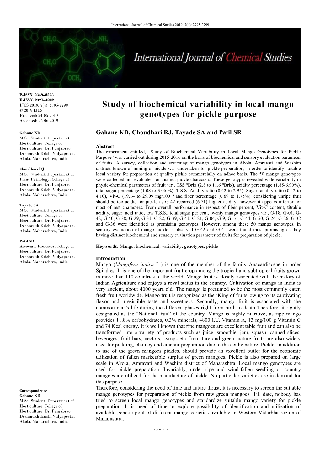 Study of Biochemical Variability in Local Mango Genotypes for Pickle