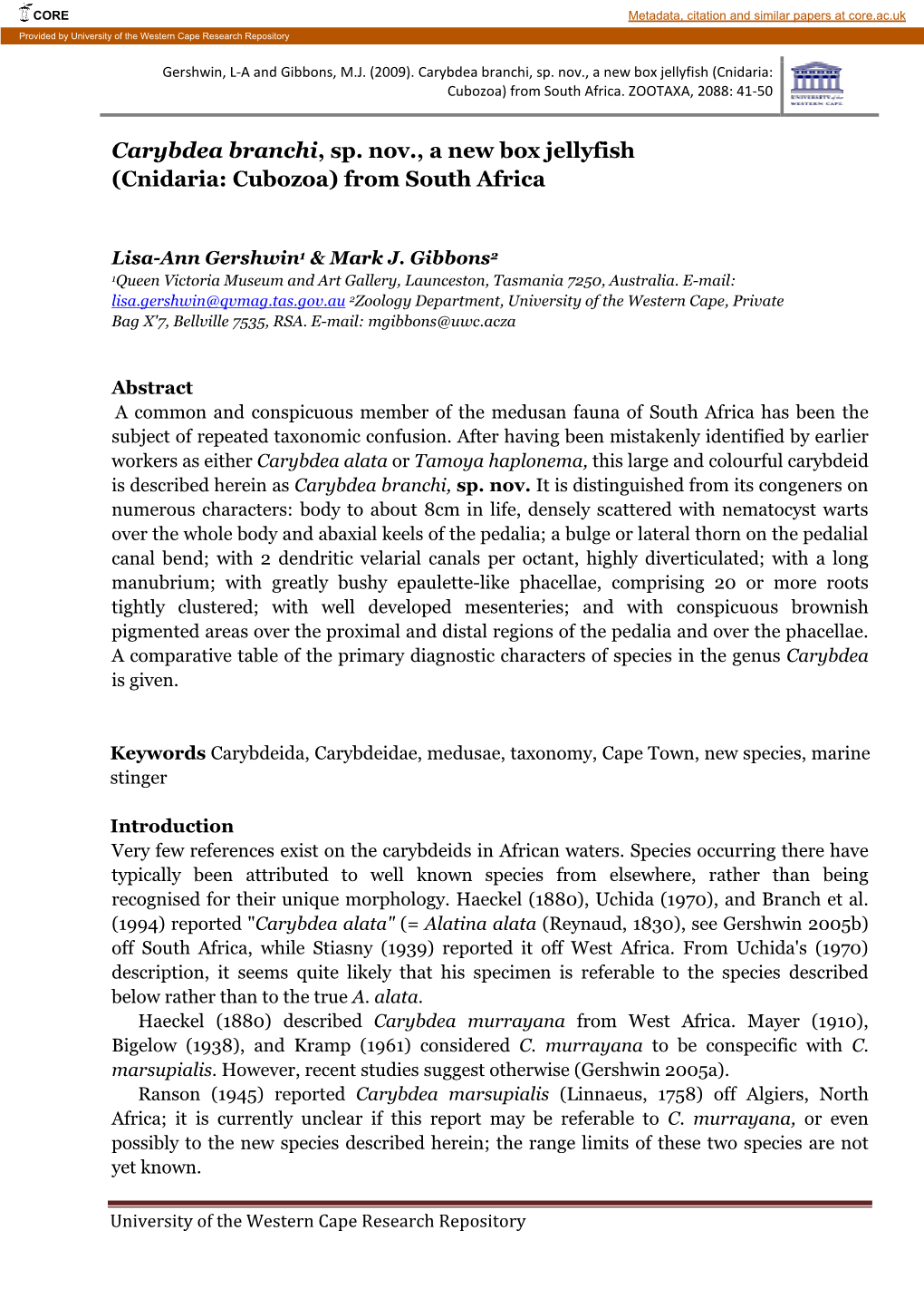 Carybdea Branchi, Sp. Nov., a New Box Jellyfish (Cnidaria: Cubozoa) from South Africa