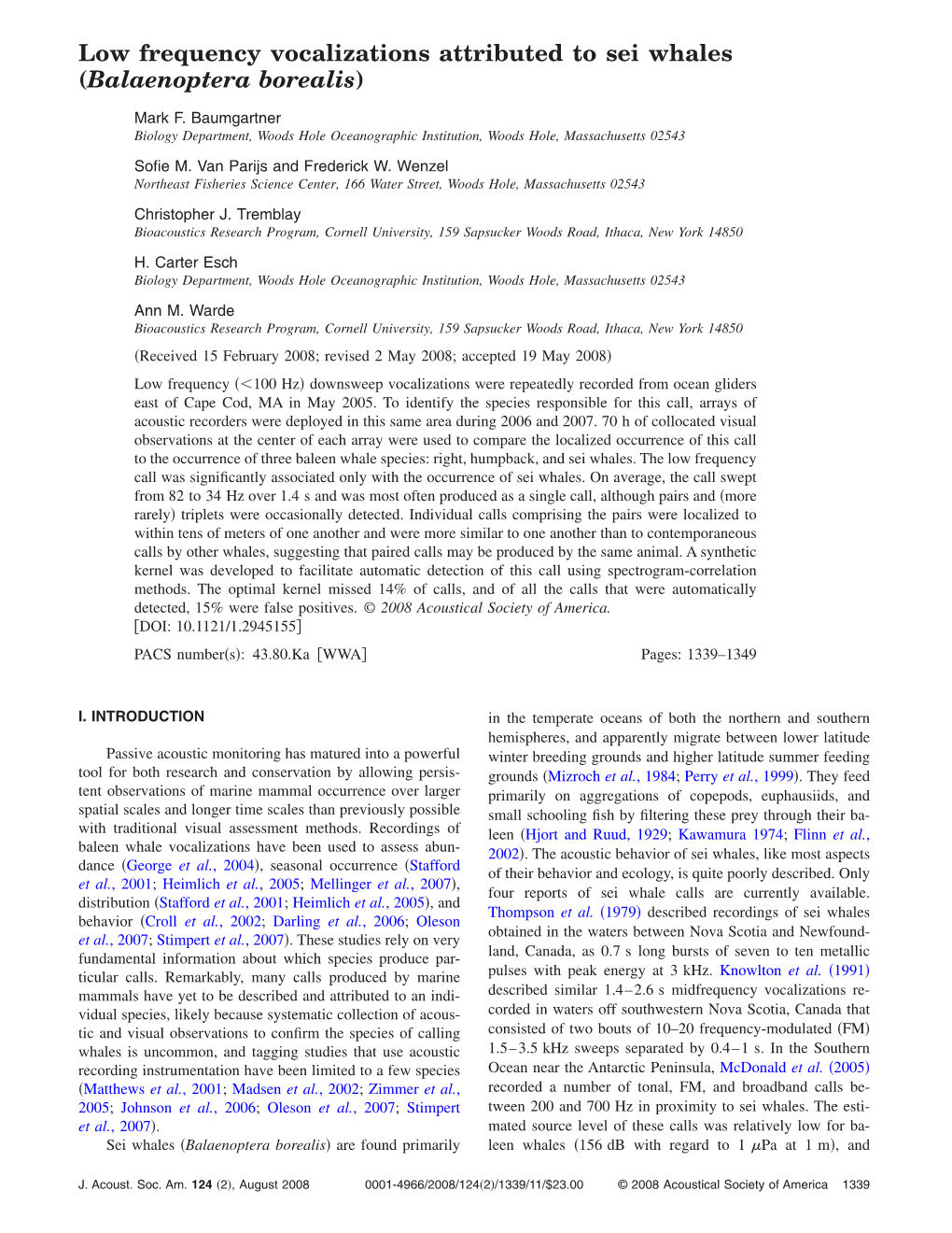 Low Frequency Vocalizations Attributed to Sei Whales (Balaenoptera Borealis)