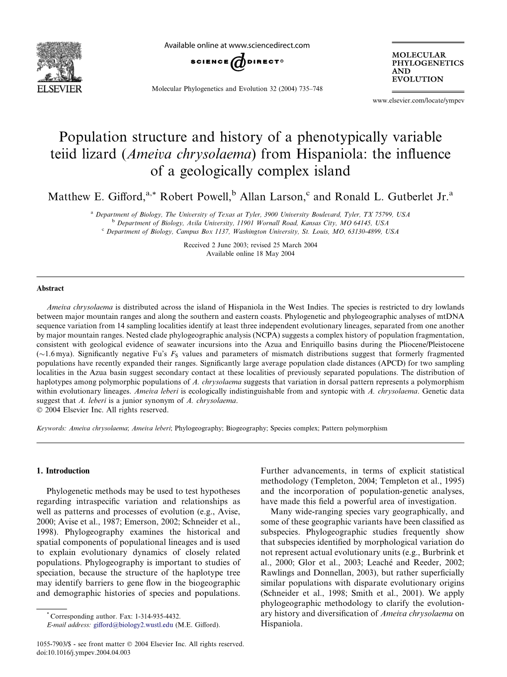 Ameiva Chrysolaema) from Hispaniola: the Inﬂuence of a Geologically Complex Island