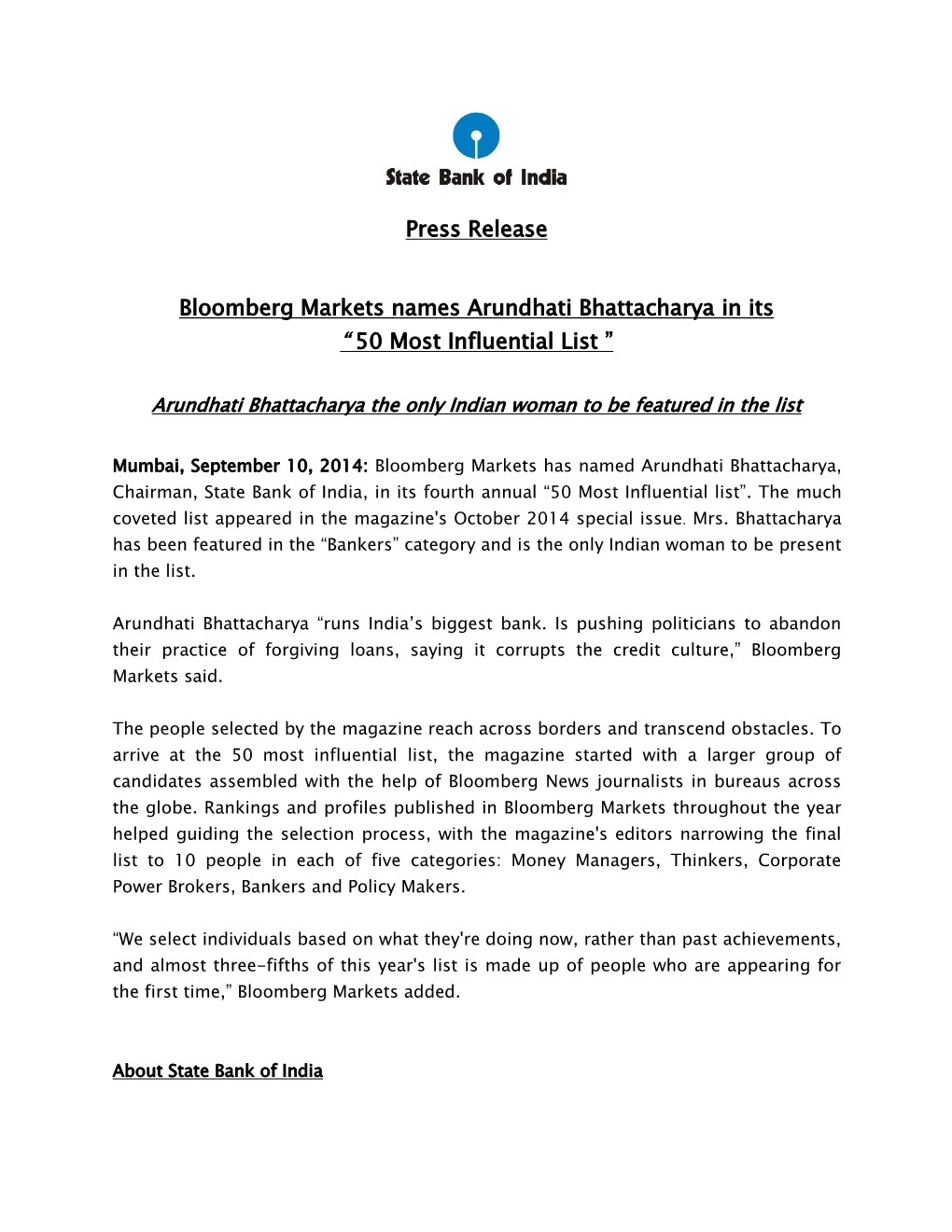 Press Release Bloomberg Markets Names Arundhati Bhattacharya In