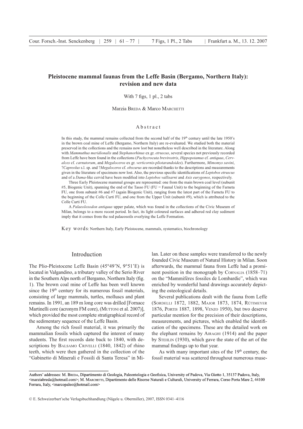 Pleistocene Mammal Faunas from the Leffe Basin (Bergamo, Northern Italy): Revision and New Data