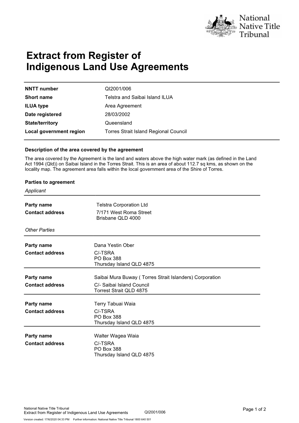 Extract from Register of Indigenous Land Use Agreements