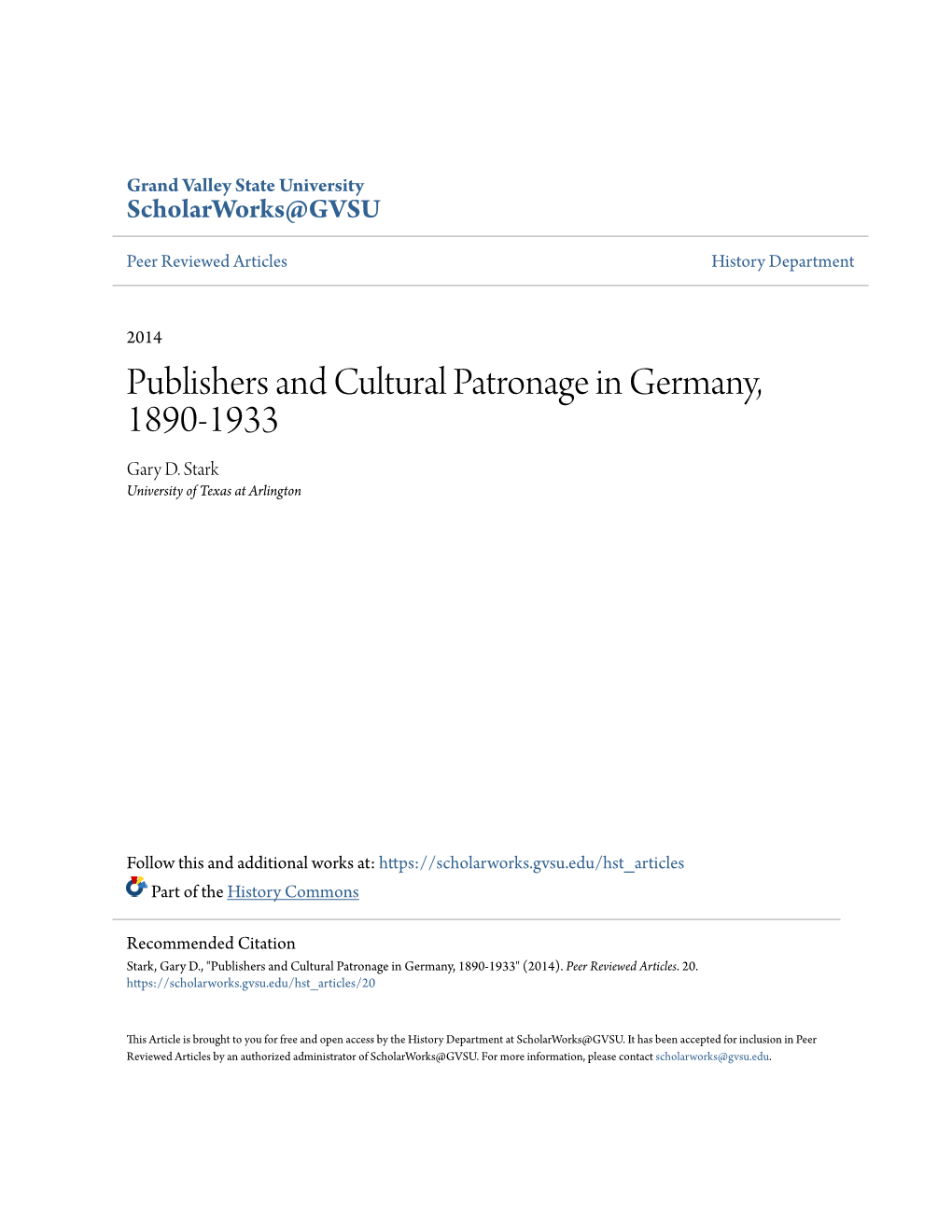 Publishers and Cultural Patronage in Germany, 1890-1933 Gary D