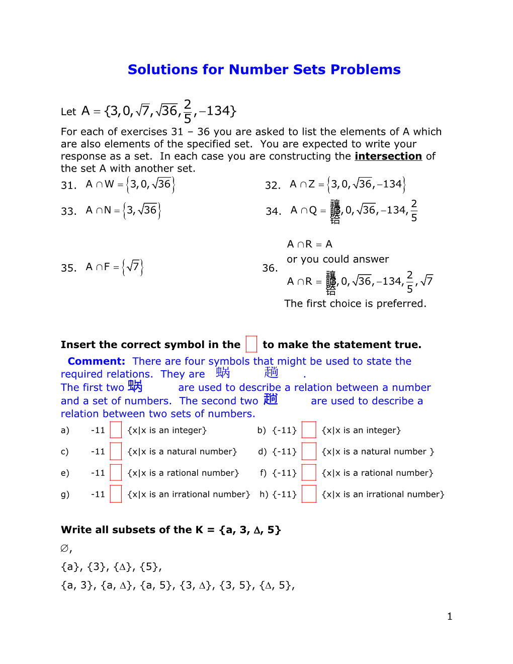 Solutions for Number Sets Problems