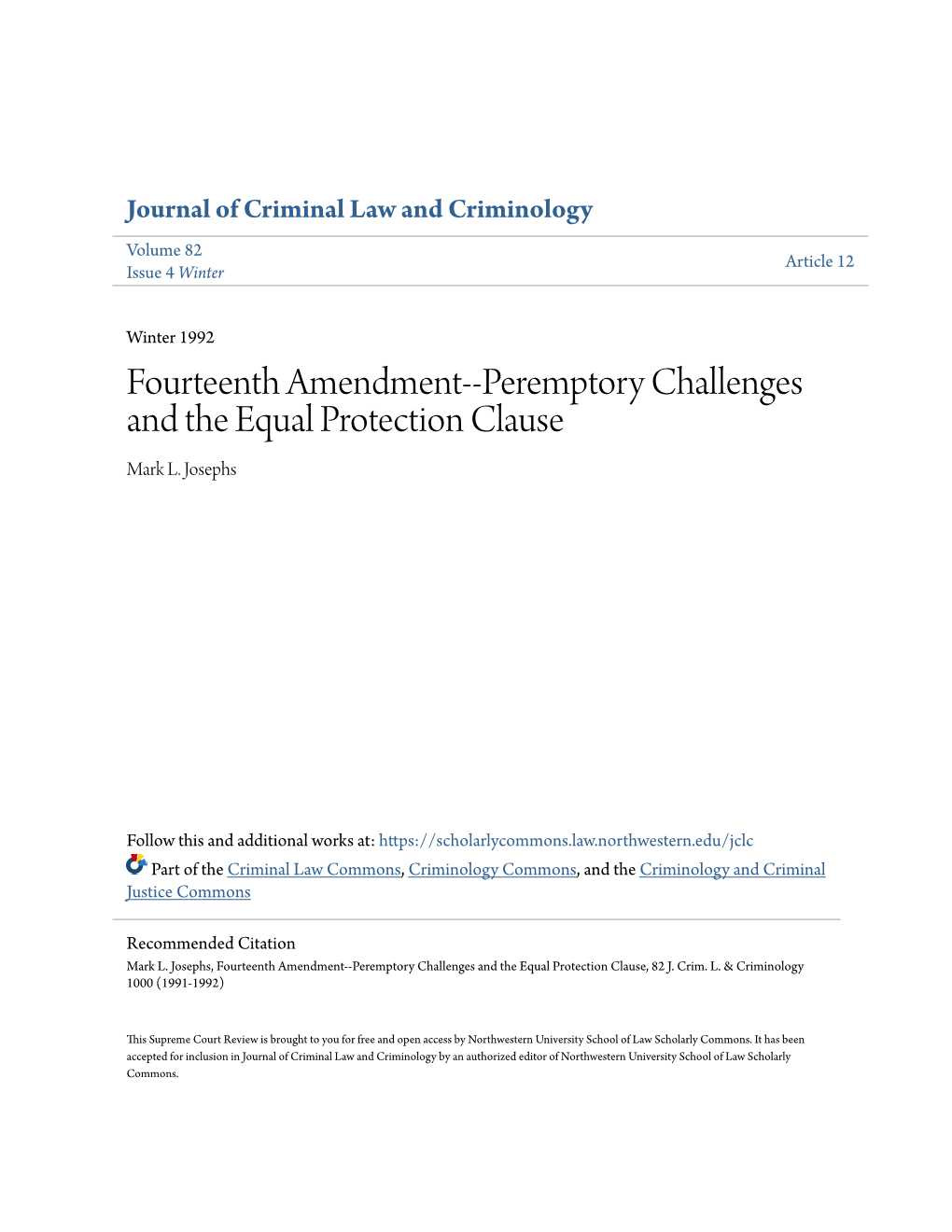 Peremptory Challenges and the Equal Protection Clause Mark L