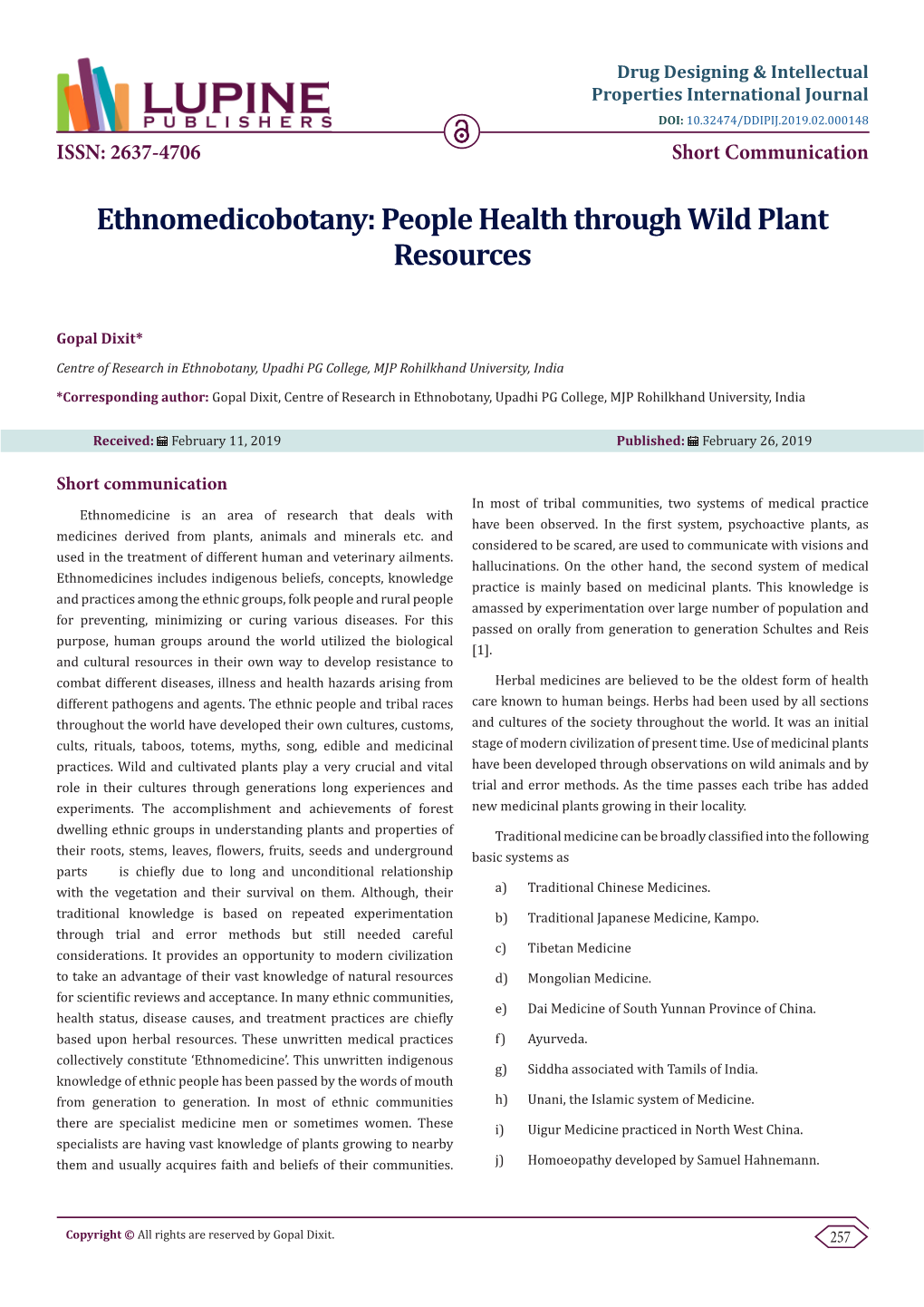 Ethnomedicobotany: People Health Through Wild Plant Resources