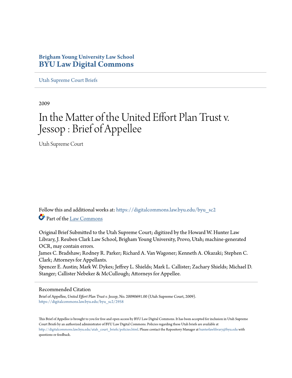 In the Matter of the United Effort Plan Trust V. Jessop : Brief of Appellee Utah Supreme Court