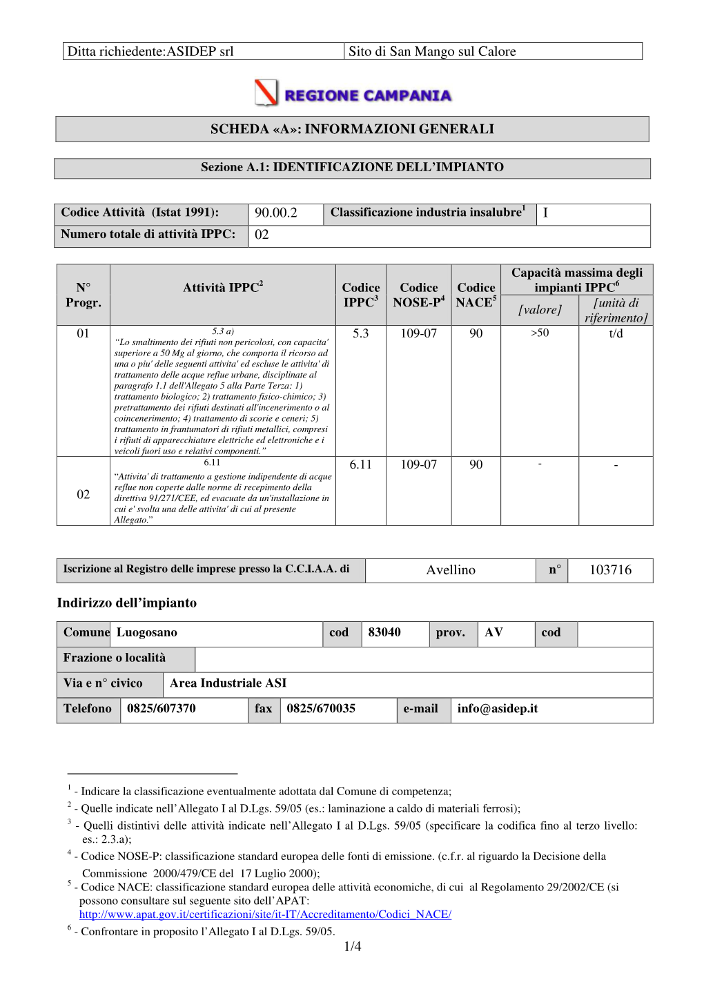 Ditta Richiedente:ASIDEP Srl Sito Di San Mango Sul Calore 1/4 SCHEDA