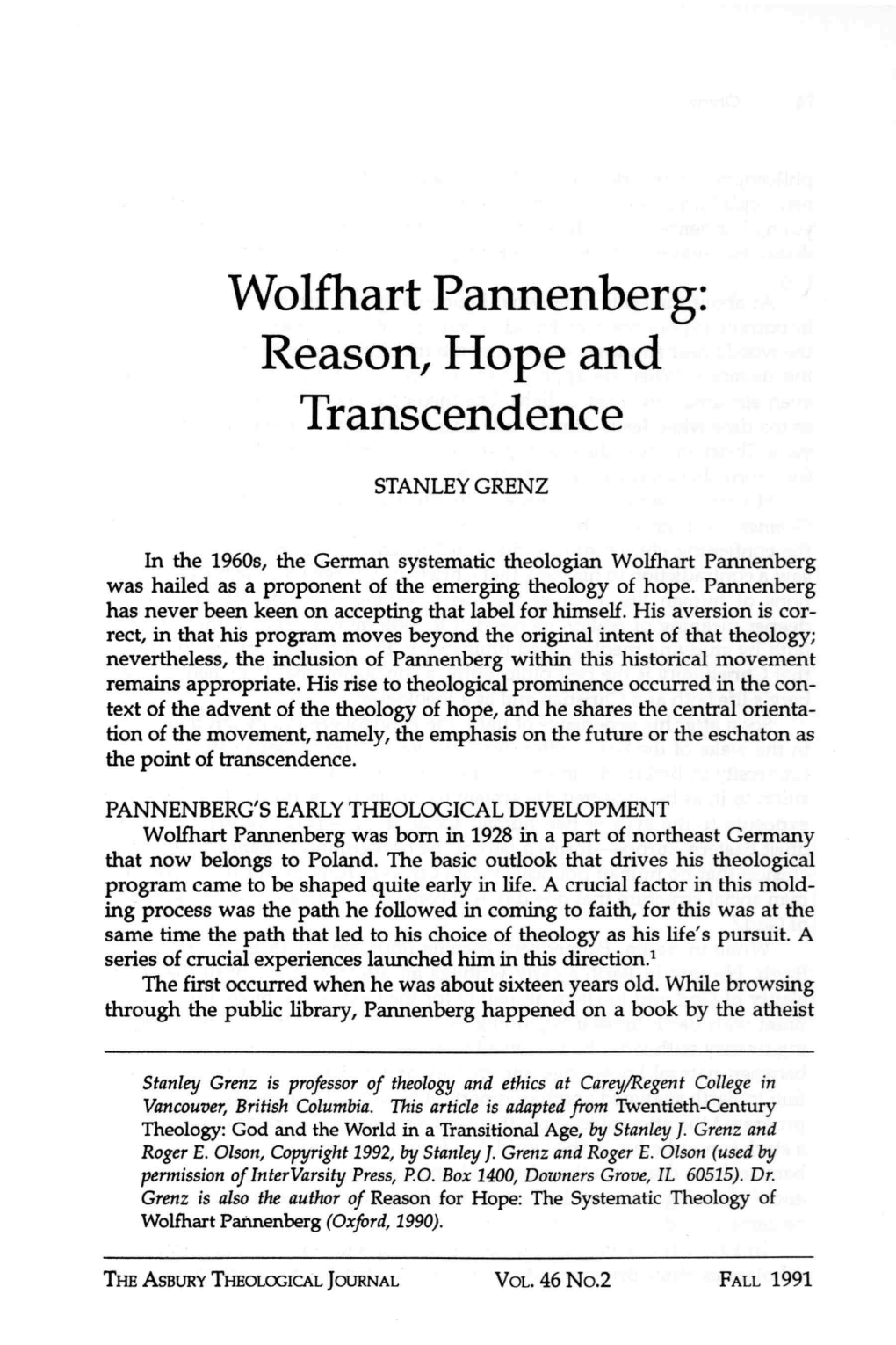 Wolfhart Pannenberg: Reason, Hope and Transcendence