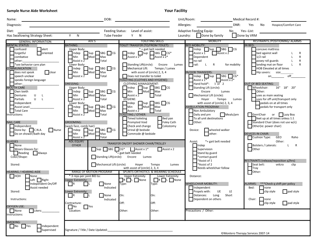 Nurse Aide Worksheet Your Facility