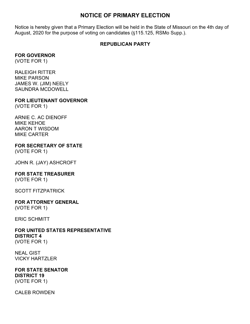 Notice of Election and Sample Ballot to Be Submitted to the Qualified Voters of Said County on Tuesday, the 4Th Day of August, 2020