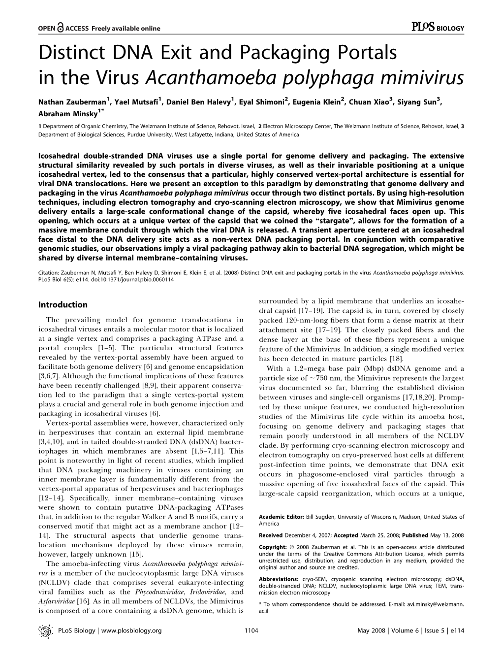 Distinct DNA Exit and Packaging Portals in the Virus Acanthamoeba Polyphaga Mimivirus