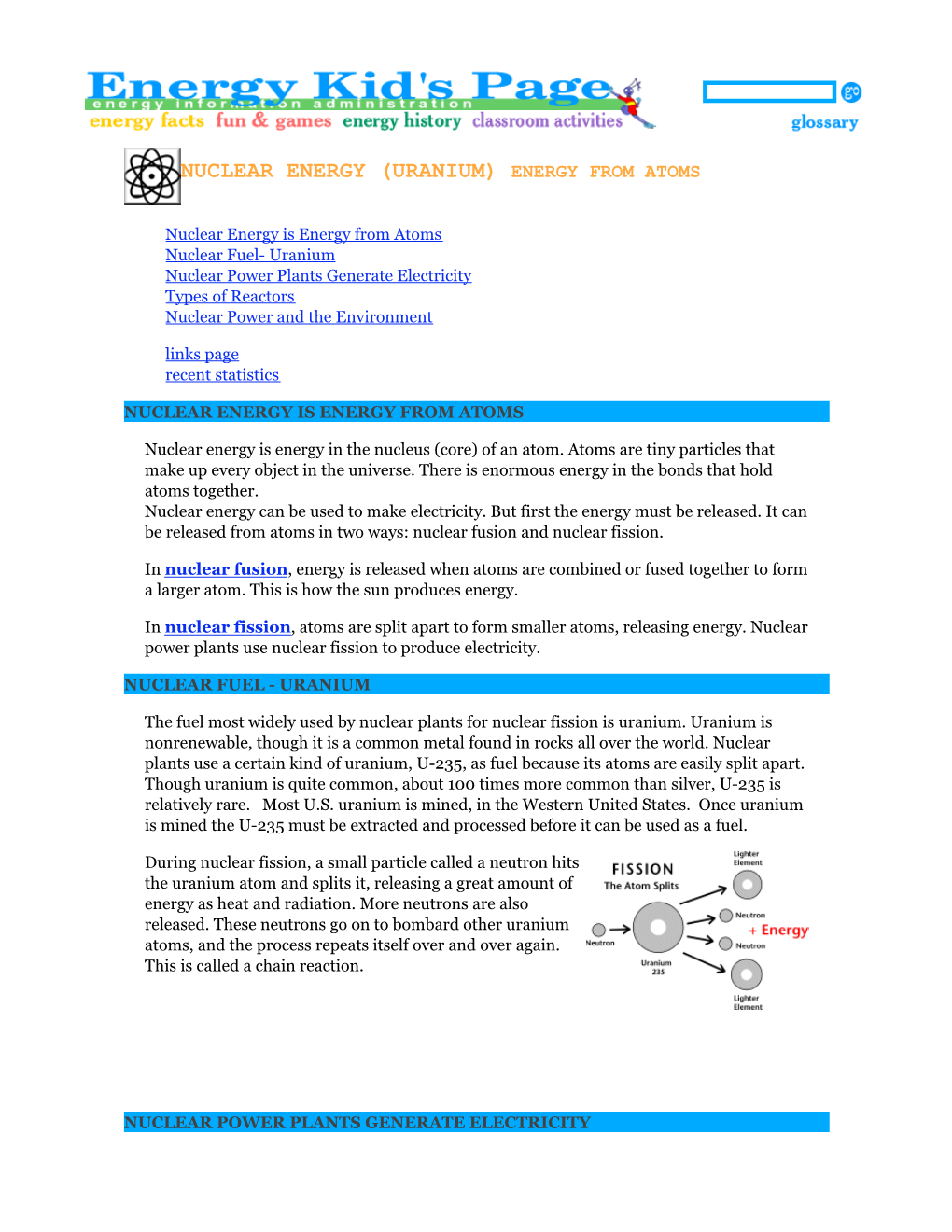 EIA Energy Kids Page- Nuclear Energy (Fusion and Fission), Uranium, Atomic Energy