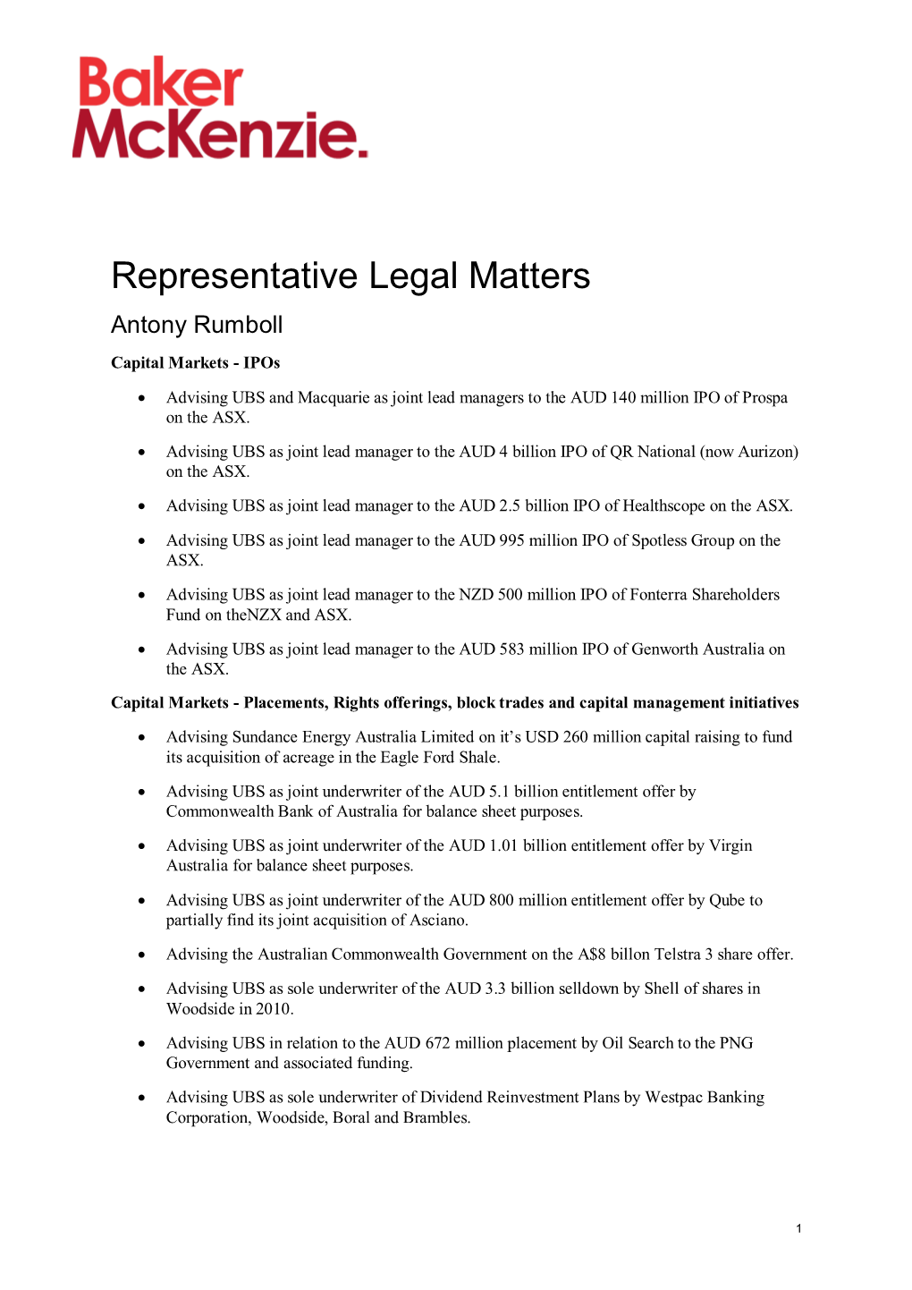 Representative Legal Matters Antony Rumboll Capital Markets - Ipos