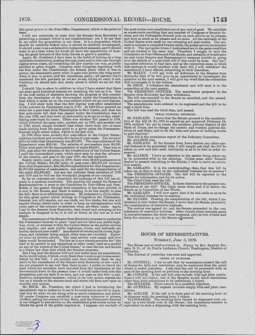 CONGRESSIONAL RECORD-HOUSE. 1743 This Great Power to the Post-Office Department, Which Is the Point at the Post-Routes Now Established Are of Any Sort of Good