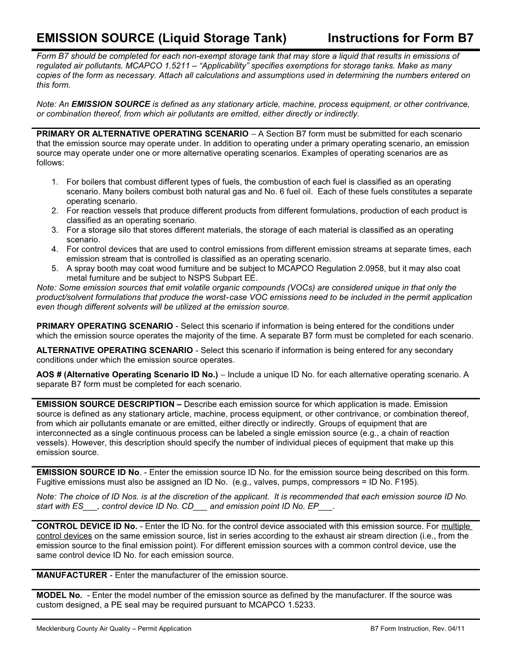 EMISSION SOURCE (Liquid Storage Tank) Instructions for Form B7