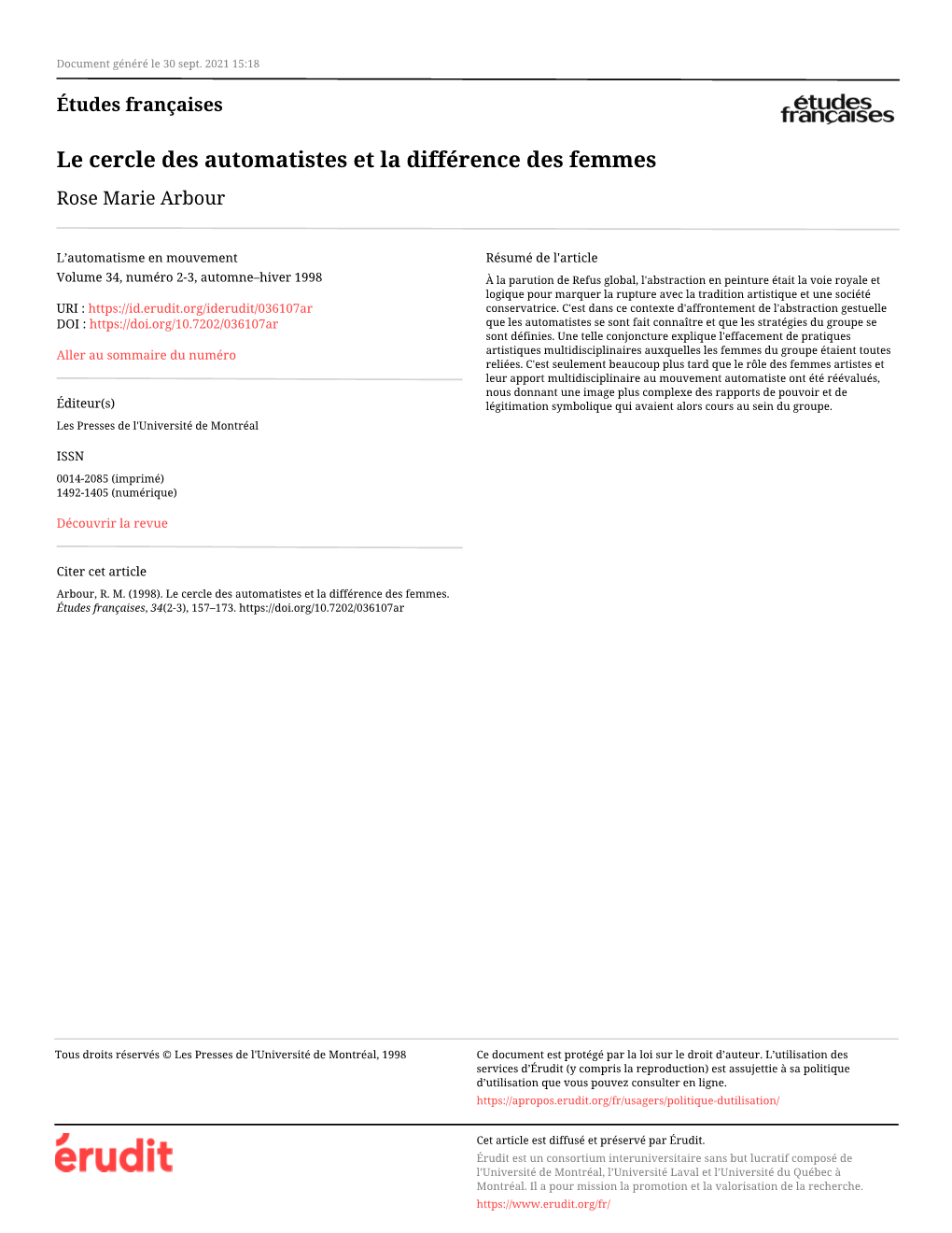 Le Cercle Des Automatistes Et La Différence Des Femmes Rose Marie Arbour