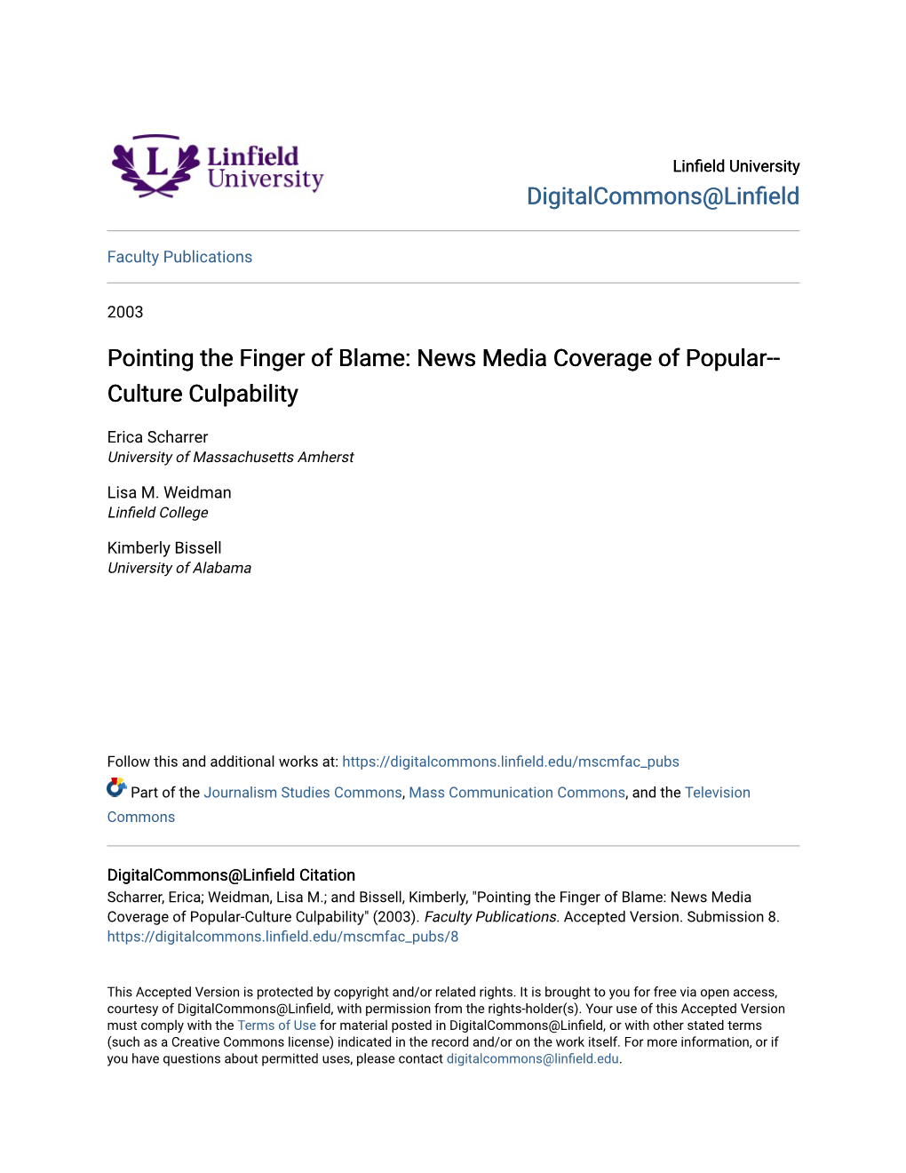 Pointing the Finger of Blame: News Media Coverage of Popular-Culture Culpability