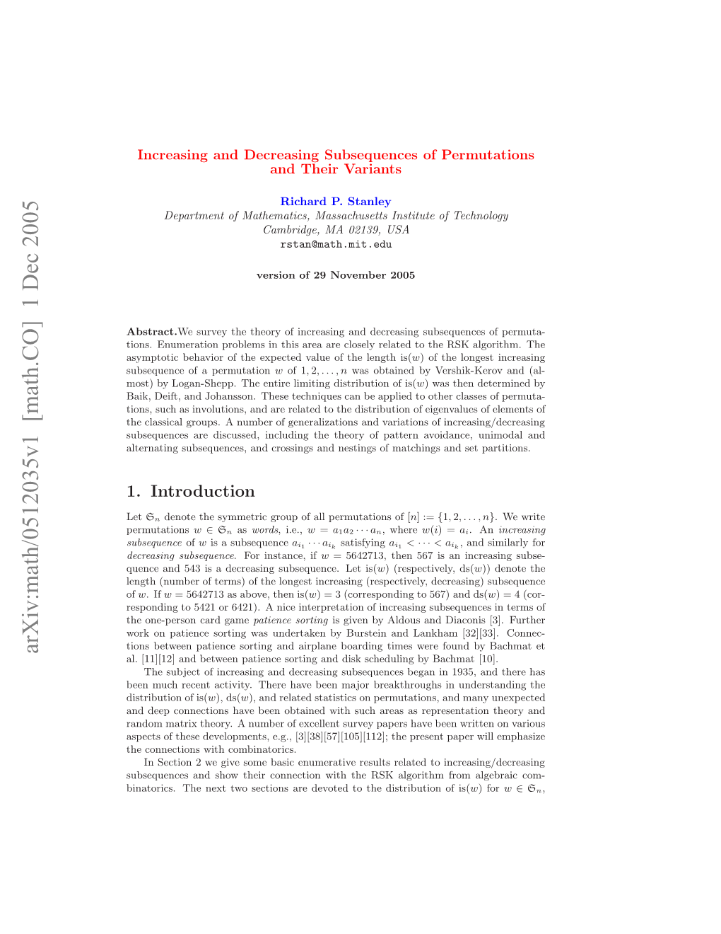 Arxiv:Math/0512035V1 [Math.CO] 1 Dec 2005