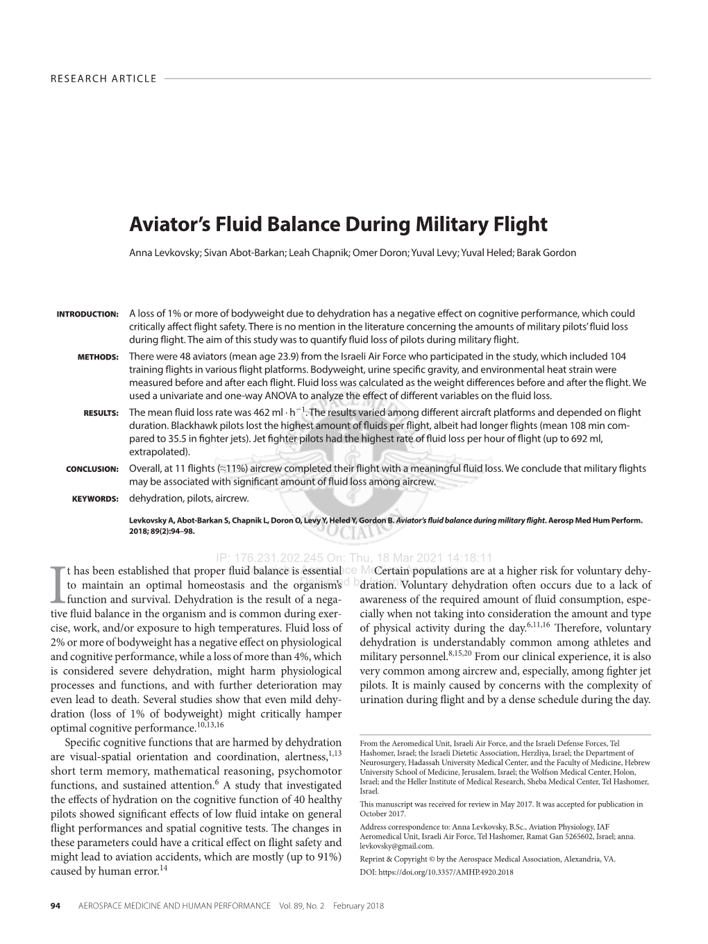 Aviator's Fluid Balance During Military Flight