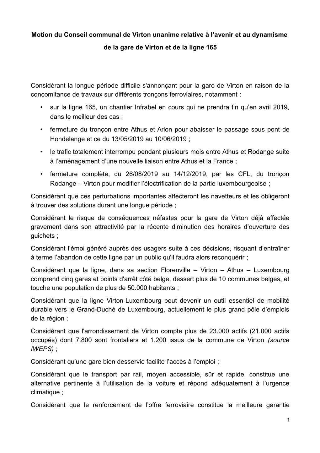 Motion Du Conseil Communal De Virton Unanime Relative À L'avenir Et