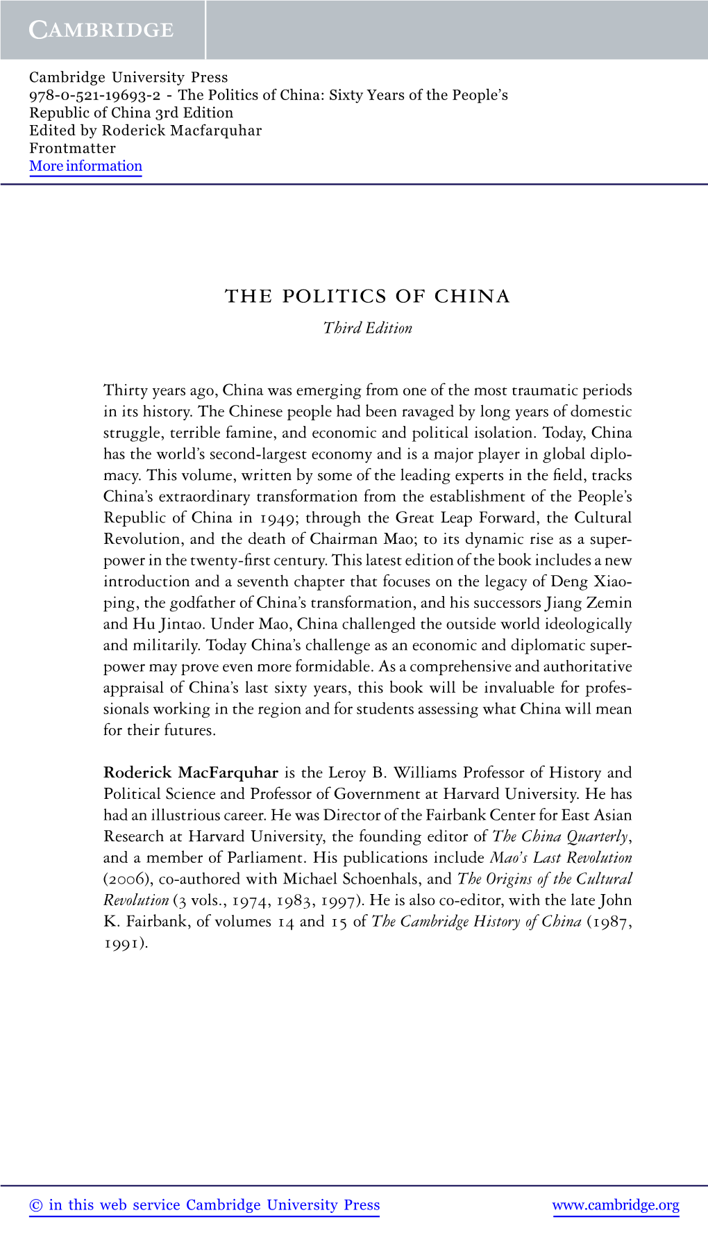 The Politics of China: Sixty Years of the People’S Republic of China 3Rd Edition Edited by Roderick Macfarquhar Frontmatter More Information