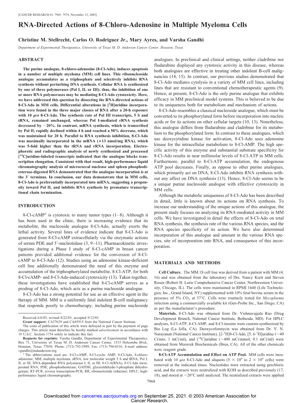 RNA-Directed Actions of 8-Chloro-Adenosine in Multiple Myeloma Cells