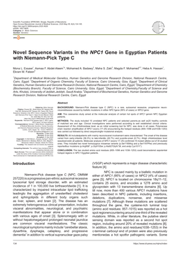 Novel Sequence Variants in the NPC1 Gene in Egyptian Patients with Niemann-Pick Type C