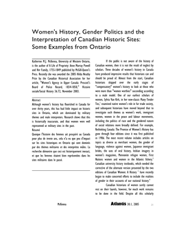 Women's History, Gender Politics and the Interpretation of Canadian Historic Sites: Some Examples from Ontario