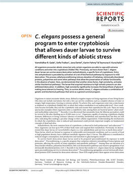 C. Elegans Possess a General Program to Enter Cryptobiosis That Allows Dauer Larvae to Survive Diferent Kinds of Abiotic Stress Vamshidhar R