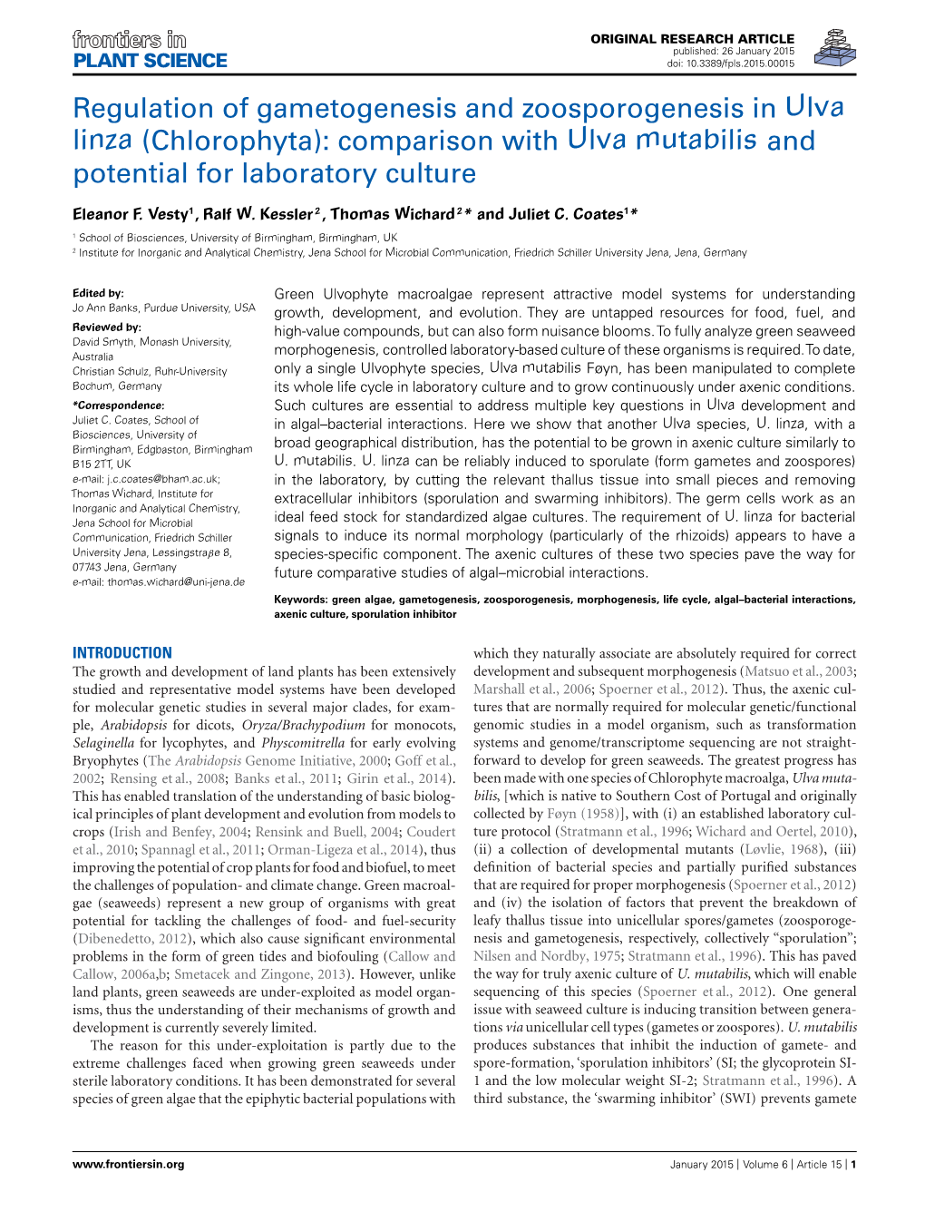 Regulation of Gametogenesis and Zoosporogenesis in Ulva Linza (Chlorophyta): Comparison with Ulva Mutabilis and Potential for Laboratory Culture