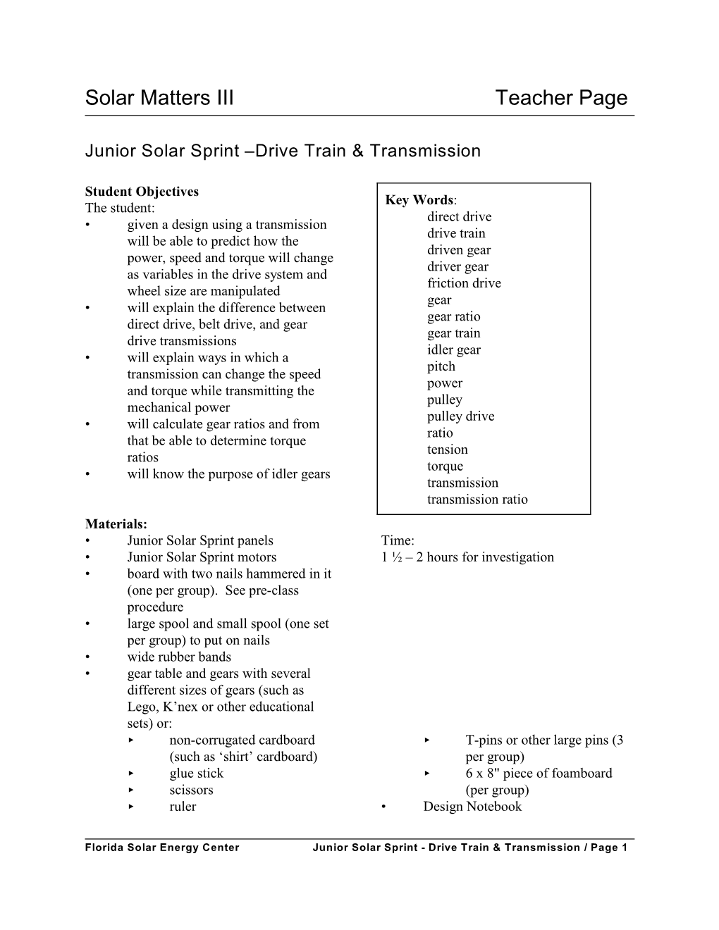 Solar Matters III Teacher Page