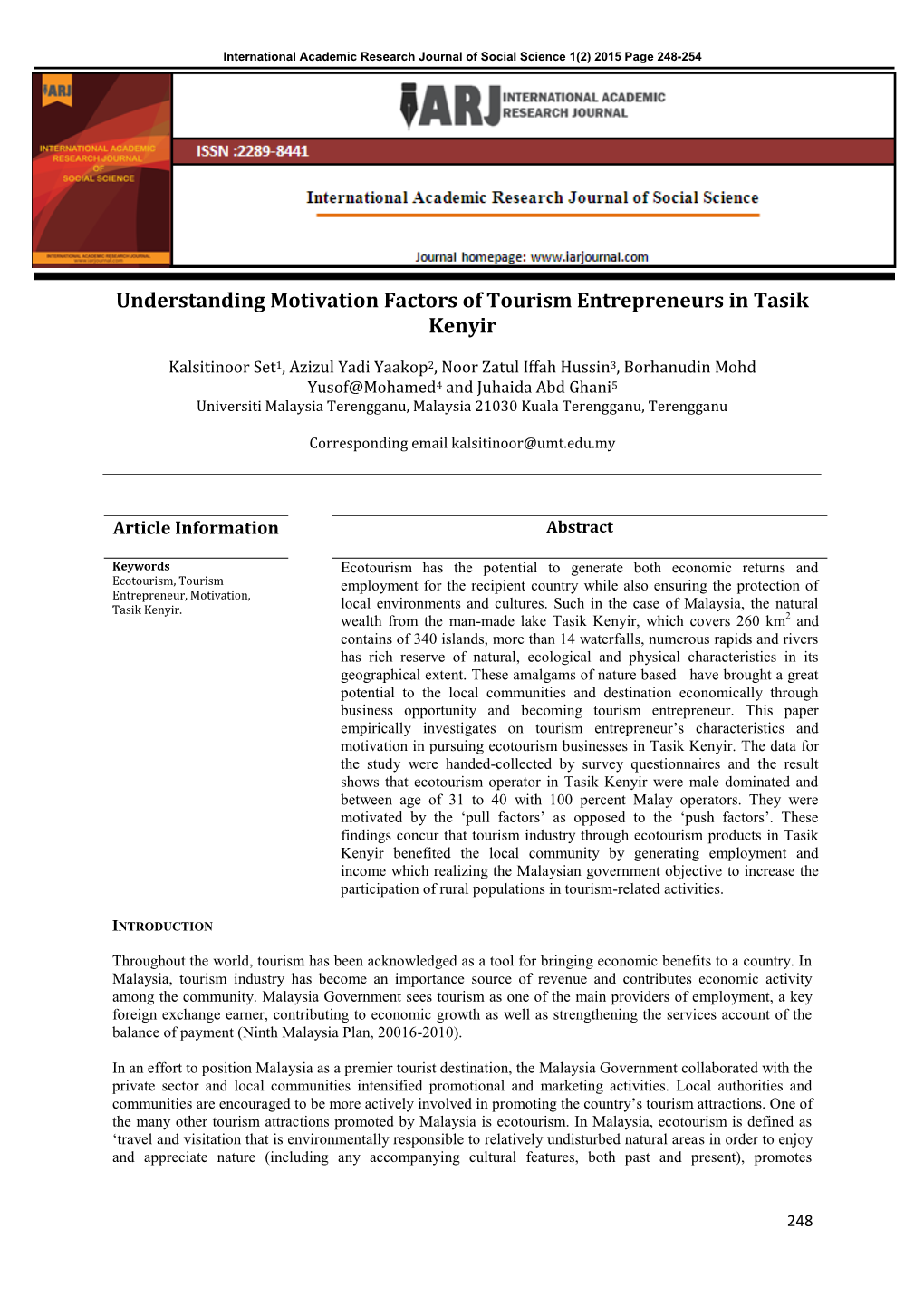 Understanding Motivation Factors of Tourism Entrepreneurs in Tasik Kenyir