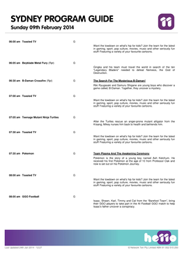 SYDNEY PROGRAM GUIDE Sunday 09Th February 2014